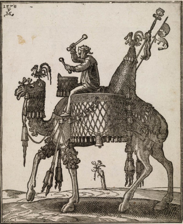 Melchior Lorck A kettledrum player riding a camel In profile to left; the camel with ornate saddle and bridle from which bells are dangling; from a series of 127 woodcuts (ca.1576) Woodcut on paper © Trustees of the British Museum