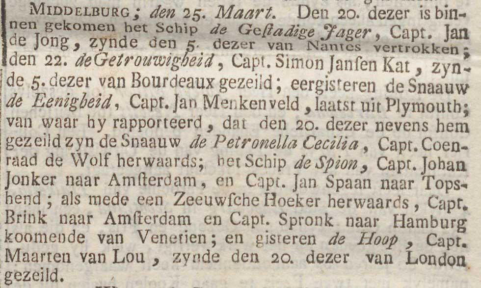 Nieuws over de aankomst van de Eenigheid in de Middelburgsche Courant, 26 maart 1763.