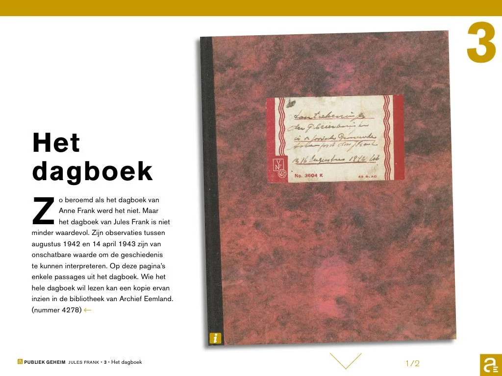 Het oorlogsdagboekje van de Joodse slager Jules Frank, die bijhield wat er in Amersfoort gebeurde, totdat hij zelf op 15 april 1943 moest verhuizen: via Amsterdam en Westerbork naar Sobibor, waar de gaskamer wachtte.