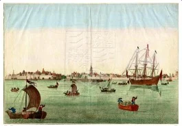 De rede van Vlissingen met een VOC-schip en beurtschepen, aan het einde van de 18e eeuw. (Bron:GAG,HTA)