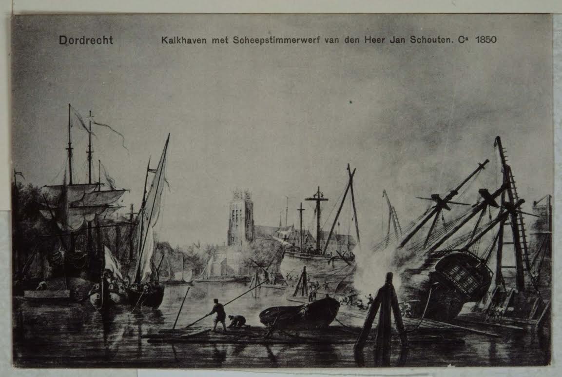 Kalkhaven met scheepstimmerwerf van den Heer Jan Schouten omstreeks 1850 (Regionaal Archief Dordrecht)