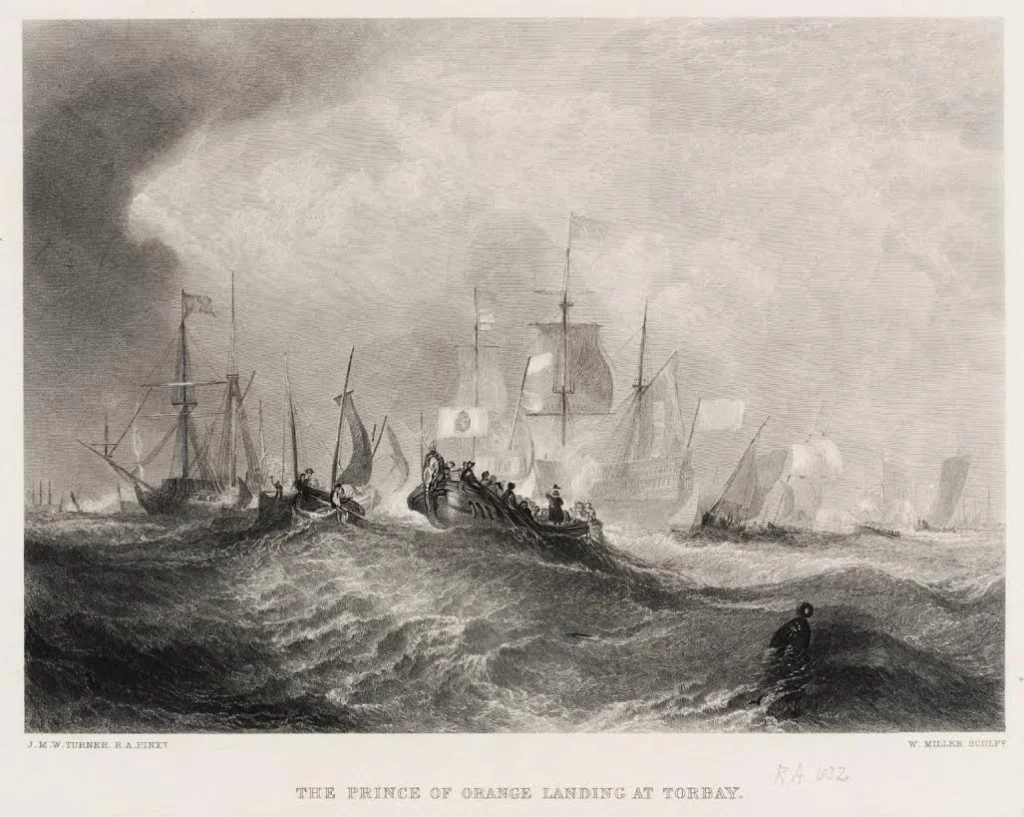 Aankomst in Torbay - Gravure van William Miller, geïnspireerd op J.M.W. Turner (1852).