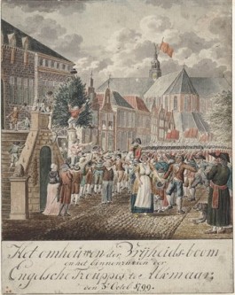 Het omhakken van de Vrijheidsboom in Alkmaar door Engelse troepen op 3 oktober 1799 (Tekening A. Stroo, 1804)