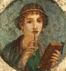 Zogenaamde Sappho, jonge vrouw met schrijfstift en wastafel. Romeins fresco in de vierde stijl, 45-100 n.Chr., Pompeï, Regio VI, Insula occidentalis.