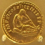 Romeinse munt met een huilende Germaanse vrouw. De Romeinen hebben de Germanen verslagen, de mannen gedood en de vrouwen in rouw achtergelaten.