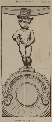 Cartoon Manneken Pis. Bron: ALbert Hahn in De Notenkraker, 30 sept. 1911