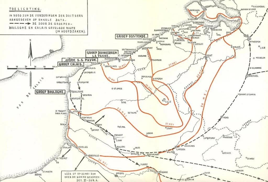 Kaart van de Duitse opmars (met data in rood), de plaats van stranding van de Pavon (S.S. Pavon) en in stippellijnen de route van de overlevenden richting Nederland. (Illustratie: Kennispunt mei 1940 - Grebbeberg.nl)
