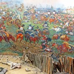 Dennis Jarvis’ Waterloo-panorama -detail met Wellington rechtsboven schuilend in een infanterie-square tijdens Franse cavalerieaanval
