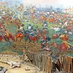 Dennis Jarvis’ Waterloo-panorama -detail met Wellington rechtsboven schuilend in een infanterie-square tijdens Franse cavalerieaanval