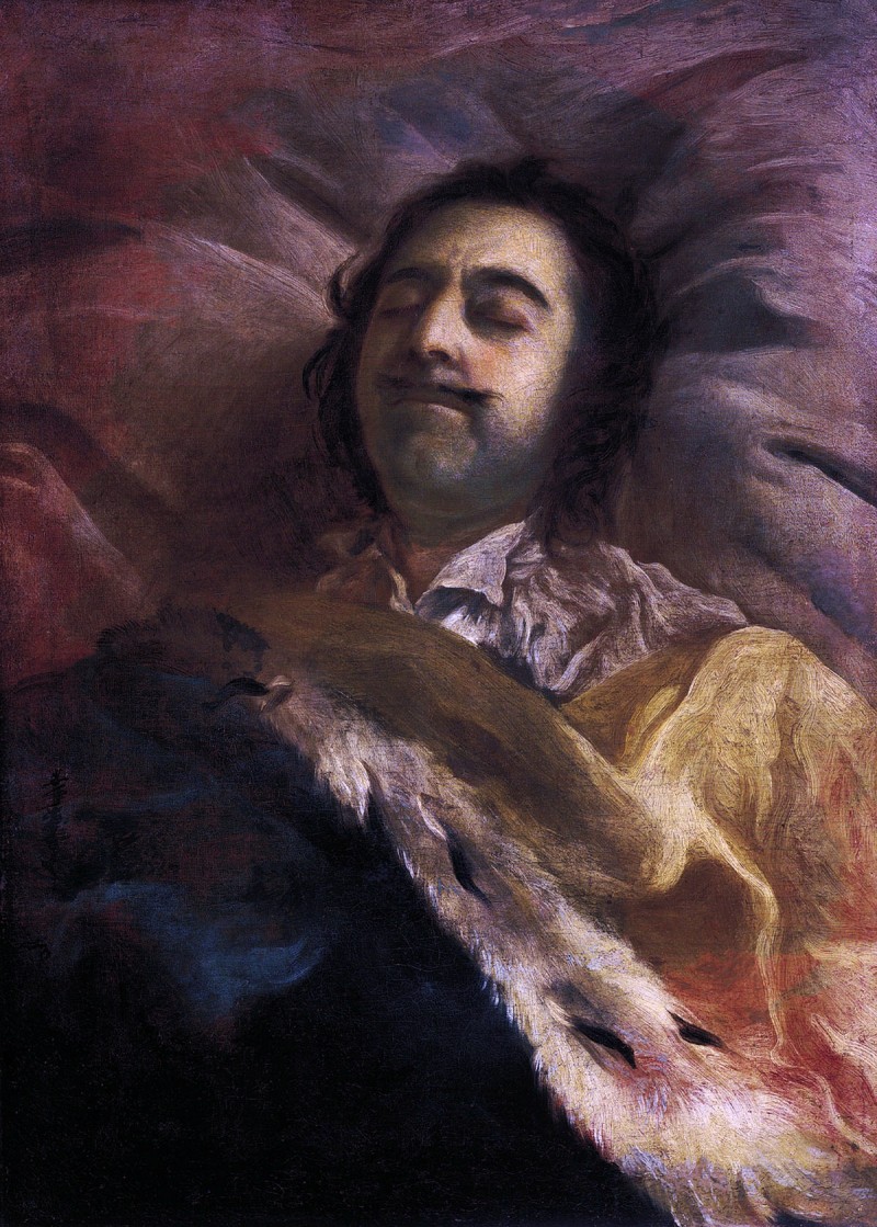 Peter de Grote op zijn sterfbed, 1725. Schilderij van Peters favoriete hofschilder Ivan Nikitin (ca.1690-1741). Bron: Wikimedia
