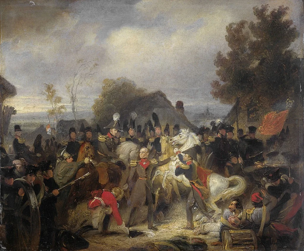 De vervanging van het gewonde paard van de prins van Oranje, de latere koning Willem II, tijdens het gevecht bij Boutersem, 12 augustus 1831 - Cornelis Kruseman, ca. 1837 (Rijksmuseum Amsterdam)