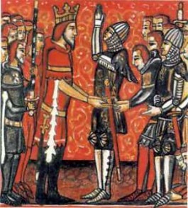 Roland vouwt zijn handen ten teken van zijn manschap aan Karel de Grote. Illustratie van een middeleeuws manuscript.