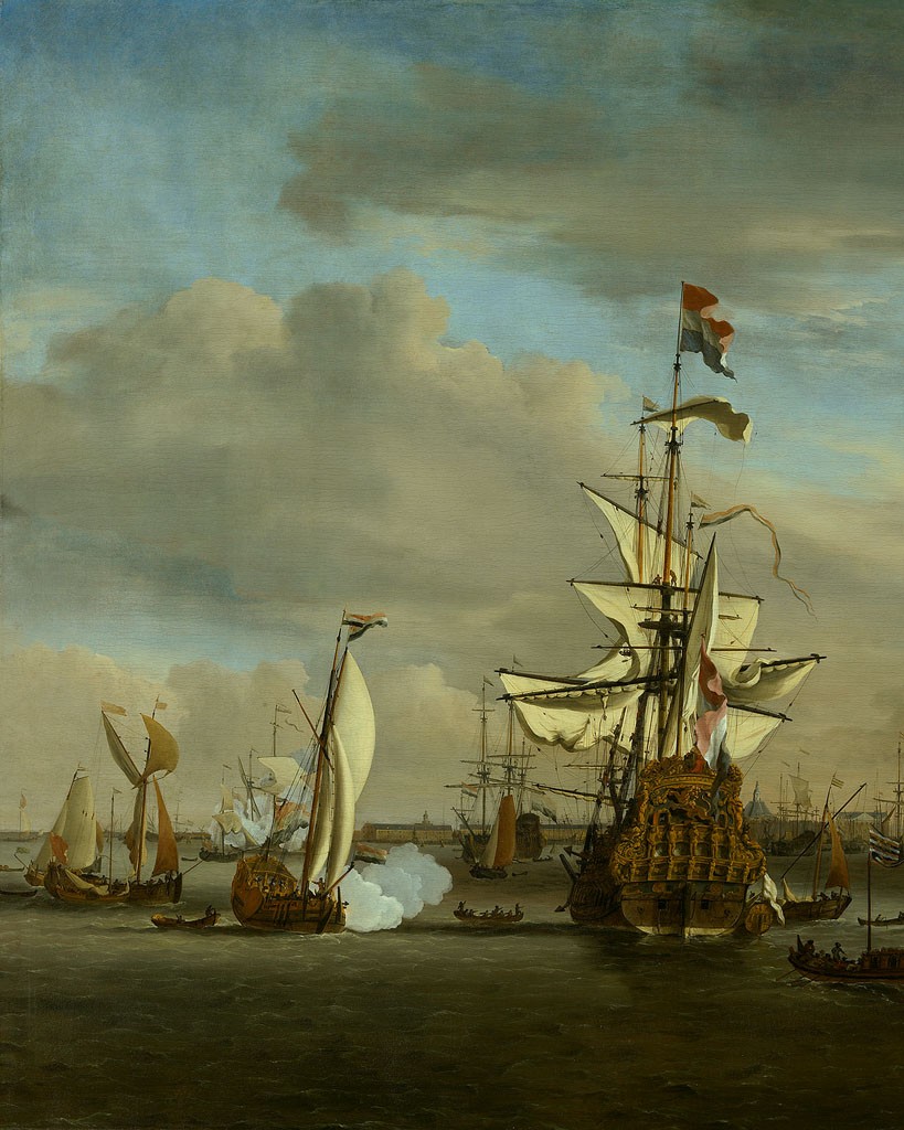 Willem van de Velde (II), De Gouden Leeuw op het IJ voor Amsterdam, 1686 (detail)