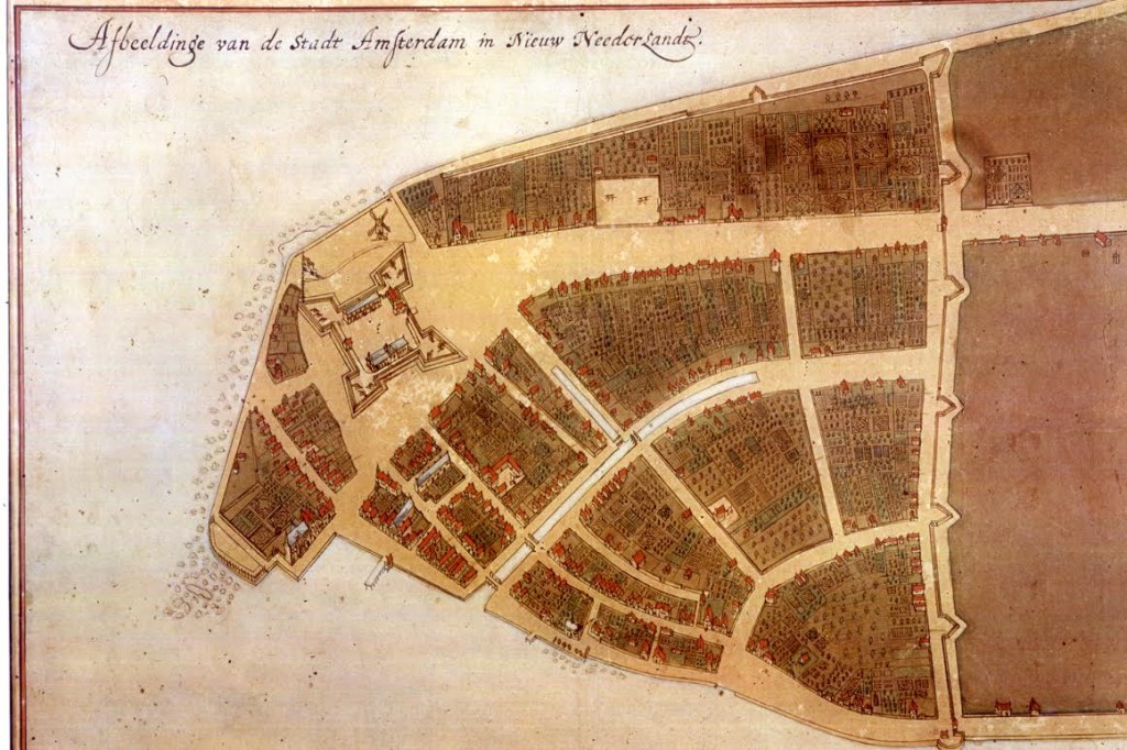 Het 'Castello Plan', kaart van Nieuw-Amsterdam (1660). Bron: Wikimedia