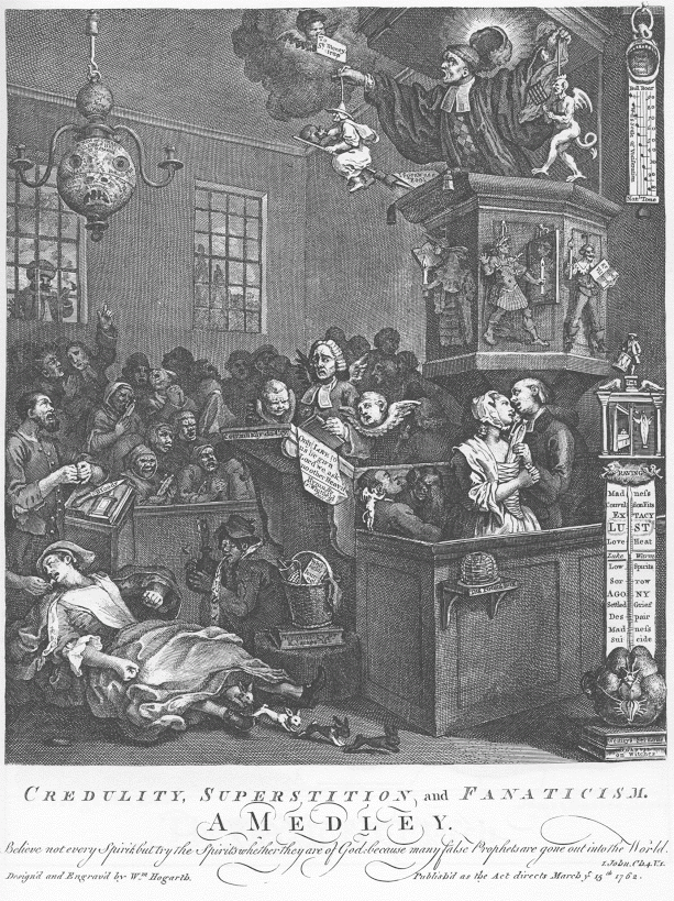 Wiliam Hogarth, Credulity, Superstition, and Fanatism (1762). Bron: Wikimedia