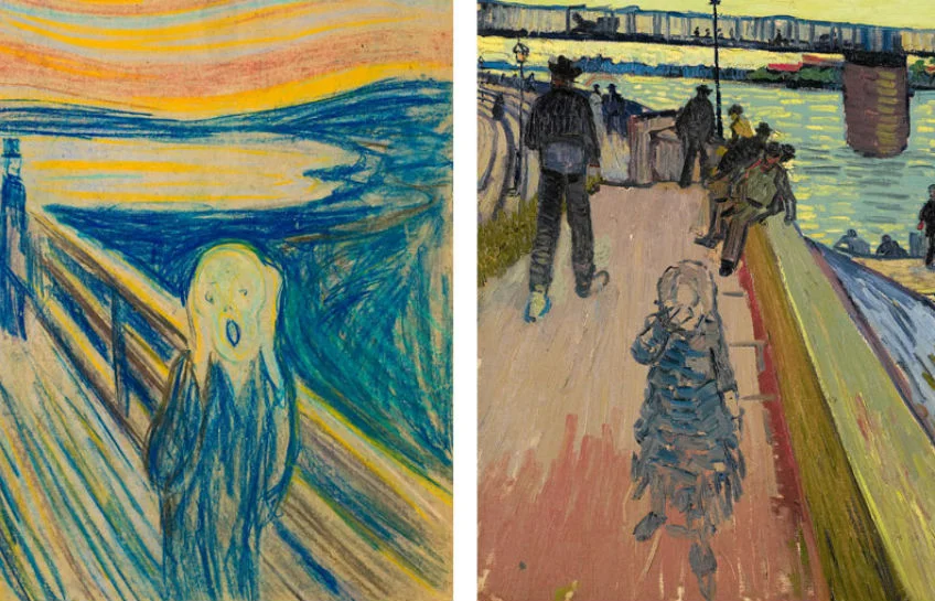 Links: Edvard Munch, De schreeuw, 1893. Munchmuseum, Olso. Rechts: Vincent van Gogh, De brug van Trinquetaille, 1888. Privécollectie