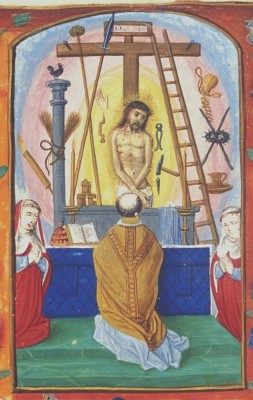 Afbeelding van de Gregoriusmis (uitbeelding van de transsubstantiatie); getijdenboek 1500-1525