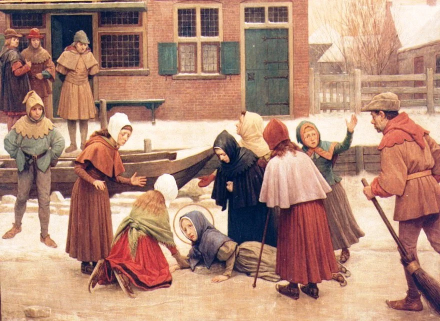 Schilderij van Jan Dunselman. De val van Liduina op het ijs