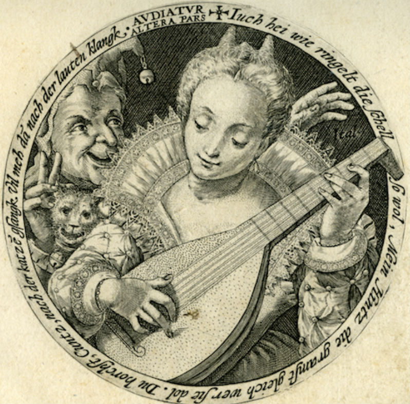 Crispijn van de Passe (Arnemuiden 1565-1637 Utrecht) Het gehoor, uit de serie: De vijf zintuigen, 1589-1611, gravure 9,8cm