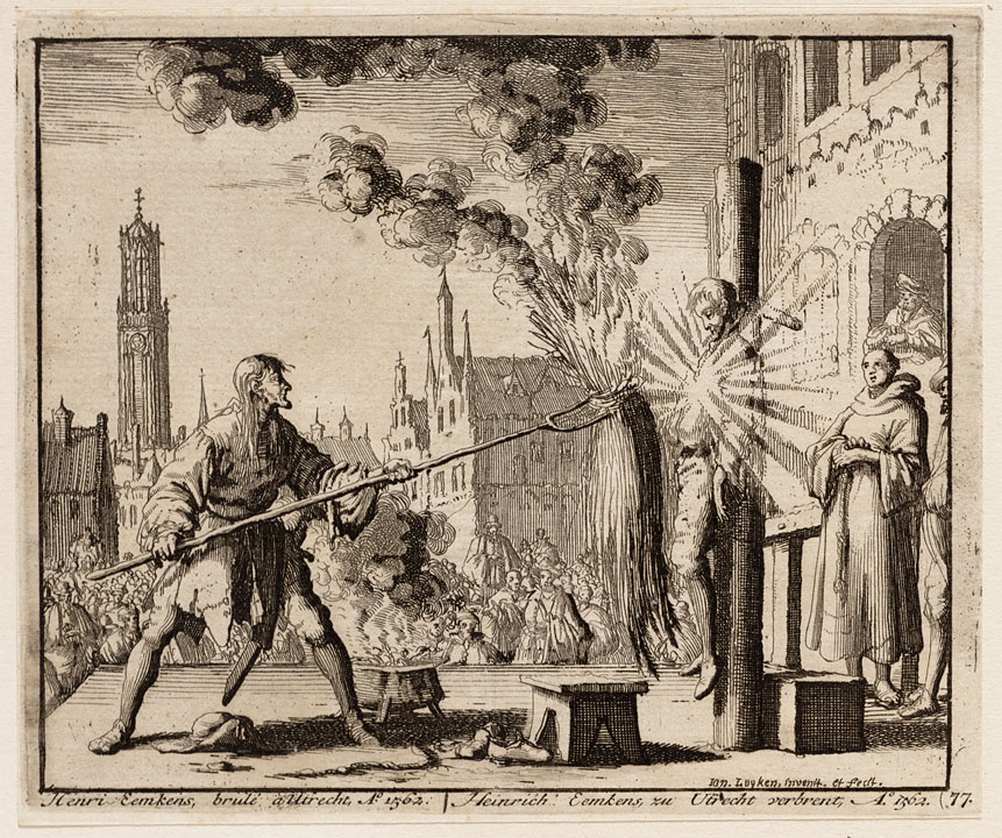 Verbranding van wederdoper Hendrik Eemkens in Utrecht, 1562. Prent door Jan Luyken, 1685