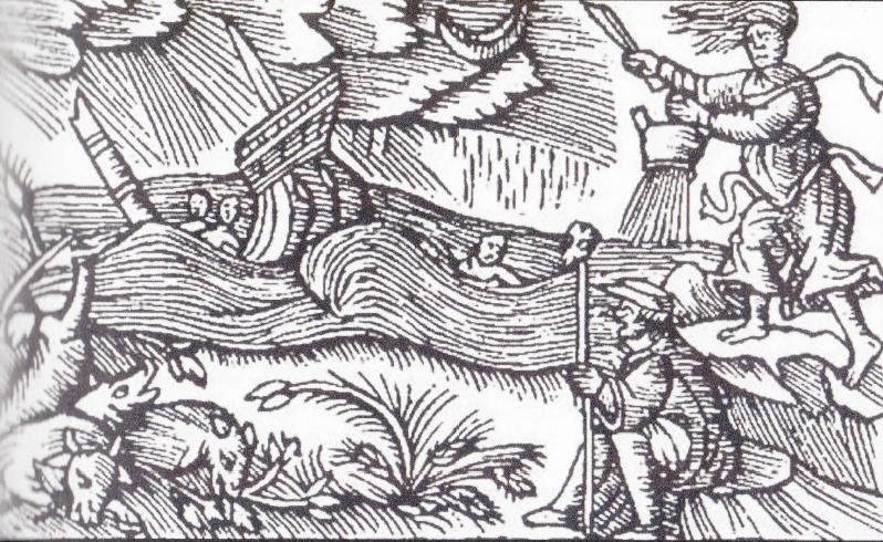 Heksen toveren een storm, schipbreuk en ziekte van het vee. Houtsnede in Olaus Magnnus, Historia de gentibus septentrionalibus, Rome (1555)
