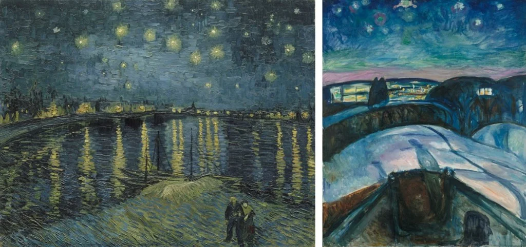 Links: Vincent van Gogh, Sterrennacht boven de Rhône, 1888, Musée d’Orsay, Parijs. Schenking van dhr. en mevr. Robert Kahn-Sriber ter nagedachtenis van dhr. en mevr. Fernand Moch, 1975. Rechts: Edvard Munch, Sterrennacht, 1922. Munchmuseum, Oslo