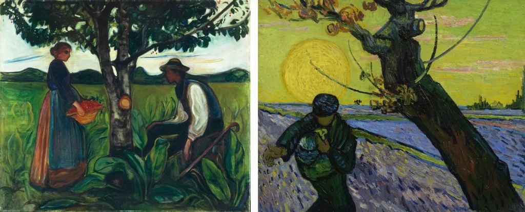 Links: Edvard Munch, Vruchtbaarheid, 1899-1900. Canica kunstcollectie, Oslo. Rechts: Vincent van Gogh, De zaaier, 1888. Van Gogh Museum, Amsterdam. (Vincent van Gogh Stichting)