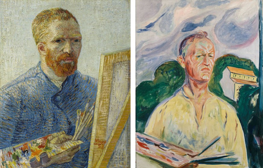 Links: Vincent van Gogh, Zelfportret als schilder, 1887-1888. Van Gogh Museum, Amsterdam. (Vincent van Gogh Stichting). Rechts: Edvard Munch, Zelfportret met palet, 1926. Privécollectie