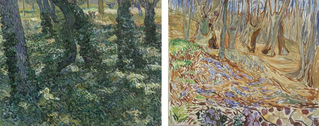 Links: Vincent van Gogh, Kreupelhout, 1889. Van Gogh Museum, Amsterdam (Vincent van Gogh Stichting). Rechts: Edvard Munch, Lente in het iepenbos, ca. 1923. Munchmuseum, Oslo