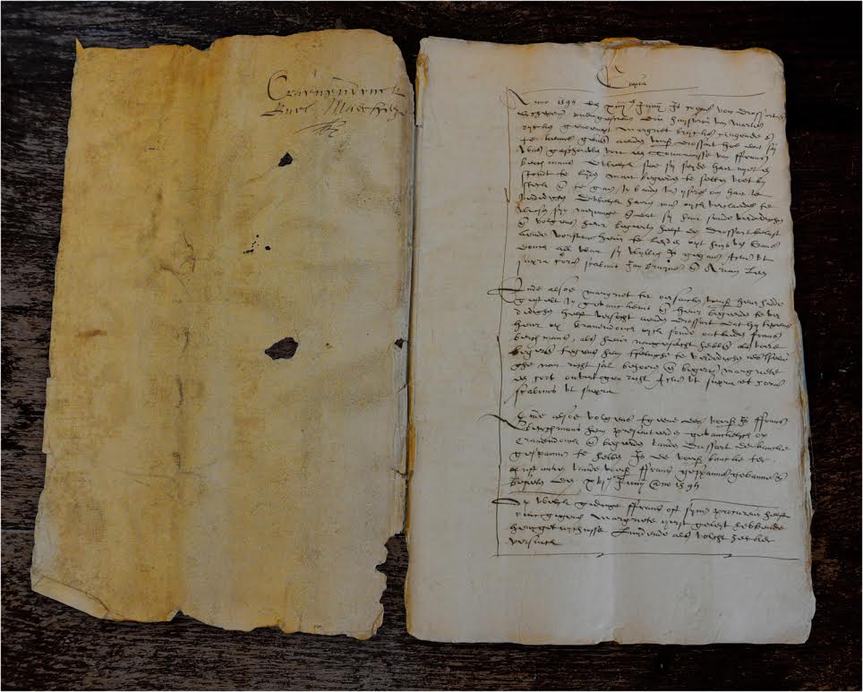 Het eerste document over de vervolgingen in Peelland, de melding van de smaadklacht van Margriet Brycken uit Soerendonk. Op het linkervel staat ‘Cranendonck Buel Maerheze’, rechts begint het met de mededeling dat Margriet zich op 14 juni 1595 bij drossaard en schepenen heeft gemeld omdat ze zich wil verweren tegen de beschuldiging dat ze een tovenares is.