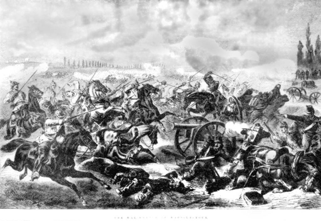 Pruisische kurassiers vallen de Franse kanonnen aan tijdens de Slag bij Mars-la-Tour op 16 augustus 1870.