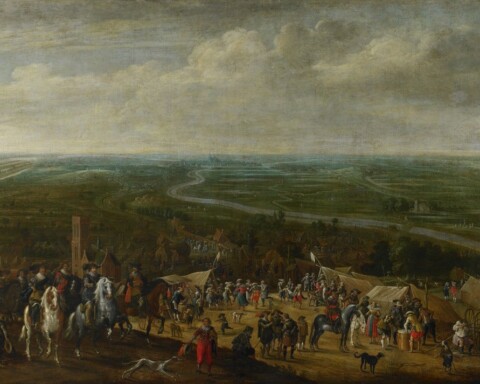 Frederik Hendrik in het legerkamp in Vught tijdens de belegering van 's-Hertogenbosch. Te zien zijn onder andere vechtende, dansende, gokkende en drinkende militairen. (Pauwels van Hillegaert)