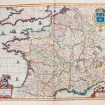 Kaart van Frankrijk uit deel VII (Frankrijk en Zwitserland) van Blaeus Atlas Maior (1662); luxe deel met eigentijdse band van rood fluweel; luxe uitgeversinkleuring van Blaeu, mogelijk verzorgd door Koerten.