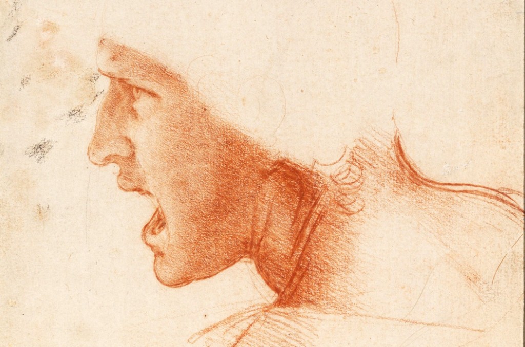 Leonardo Da Vinci (1452-1519) Studie van hoofd van een soldaat voor de Slag bij Anghiari. Collectie Szépművészeti Múzeum ("Museum voor Schone Kunsten"), Boedapest
