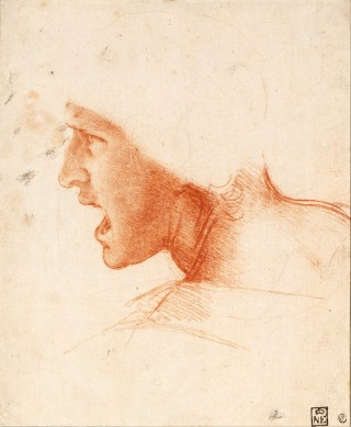 Leonardo Da Vinci (1452-1519) Studie van hoofd van een soldaat voor de Slag bij Anghiari. Collectie Szépművészeti Múzeum ("Museum voor Schone Kunsten"), Boedapest