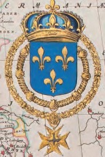 Het Franse koninklijke wapen in een luxe inkleuring, detail van de kaart van Frankrijk in deel VII van de Atlas Maior (1662)