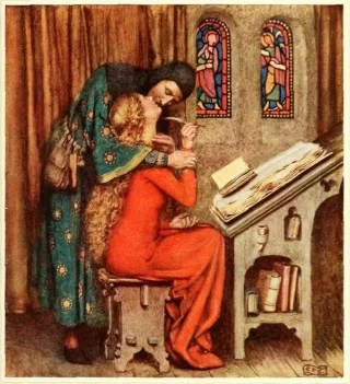 Heloïse en Abélard. Schilderij van Eleanor Fortescue-Brickdale uit 1919. Bron: www.globallovemuseum.net