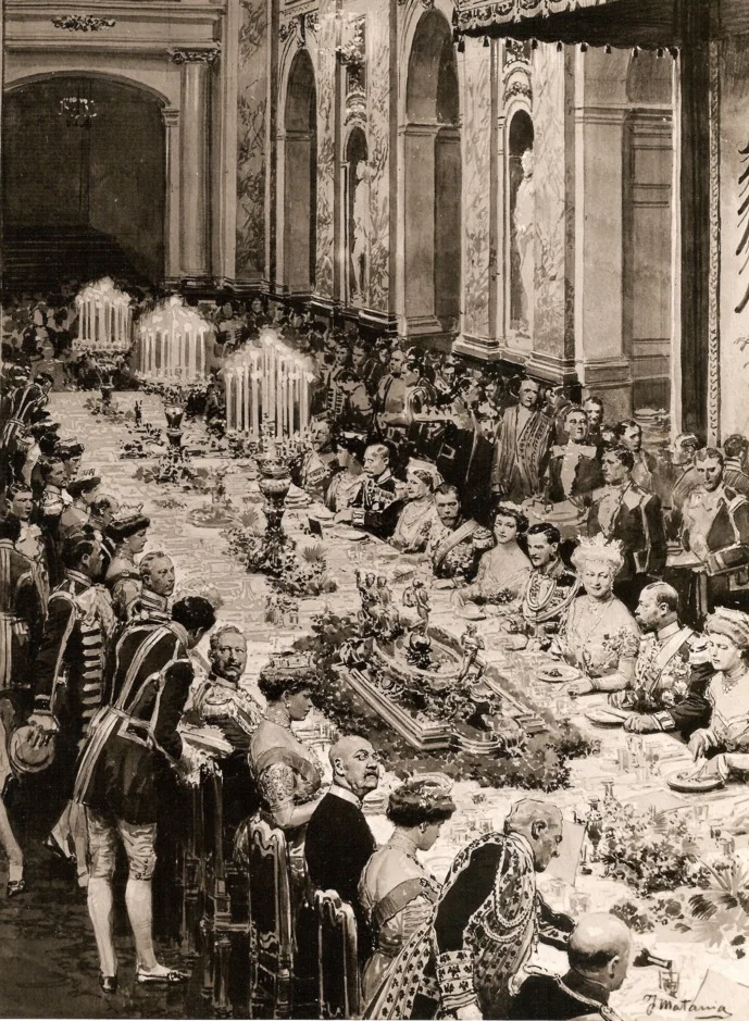 Diner t.g.v. het huwelijk van de dochter van keizer Wilhelm II - 1913, J. Matania. Foto Huis Doorn