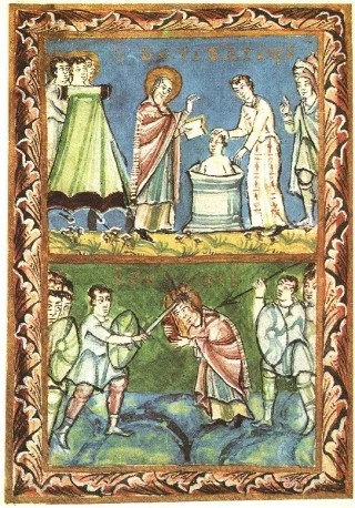 Dood van Bonifatius (Sacramentarium van Fulda, ca. 975)