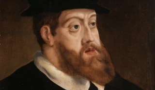 Portret van Karel V waarop duidelijk te zien is hoe zijn kin naar voren stak