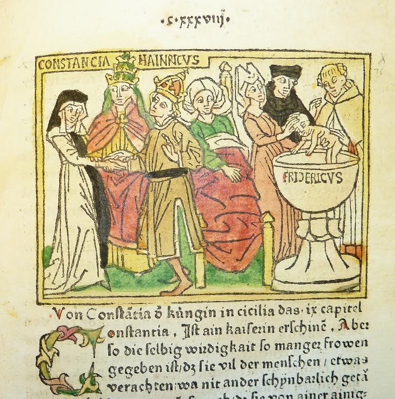 Henry VI laat zijn zoon Frederik dopen. Houtgravure door Constance van Sicilië. Bron: Wikimedia