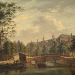 Johannes Jelgerhuis, Het Aalmoezeniers-weeshuis, gezien vanaf de Prinsengracht over de verbindingsbrug van de Leidsegracht, 1824