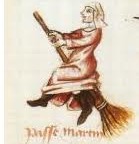 Een van de eerste afbeeldingen van een heks op een bezem dateert van 1451 (Martin Le France)