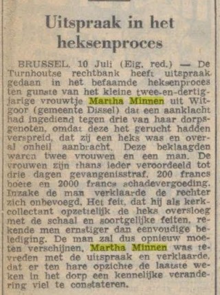 Uitspraak van het heksenproces tegen Martha Minnen, Limburgs Dagblad 10 juli 1950
