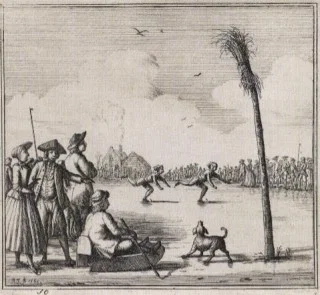 Hardrijden op de schaats in 1765. Ets en gravure van Rienk Jelgersma.