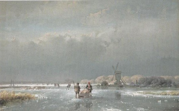 IJsgezicht met standerdmolen (1856) van Andreas Schelfhiout. Het boek toont dezelfde plaats, vanuit een iets ander perspectief, uitgebeeld met zwart krijt, penseel in grijze en diverse tinten bruine inkt.