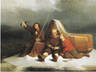 Visser Klaas Bording van Durgerdam met zijn twee zoons op de ijsschots waarop ze twaalf dagen over de Zuiderzee dreven. Alleen de jongste zoon overleefde het avontuur.. Abraham van Pelt (1815-1895)