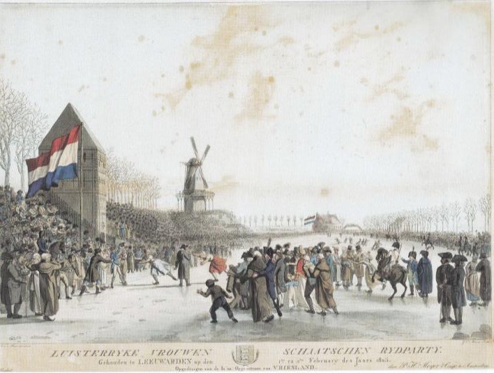 Een ‘Luisterryke vrouwen schaatschen rydparty’ op de Stadsgracht in Leeuwarden in 1805. Ets en aquatint van Jacob Ernst Marcus naar een tekening in waterverf van Aldert Jacob van der Poort.