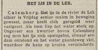 Het ijs bij Culemborg begint te kruien. Amersfoortse Courant/De Eemlander, 9 maart 1929.