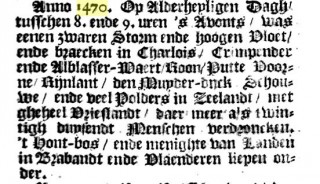 Vermelding van de Allerheiligenvloed van 1470, die nooit plaatsvond, in het boek over Dordrecht van Jacob van Oudenhoven uit 1666; een bron voor mythevorming.